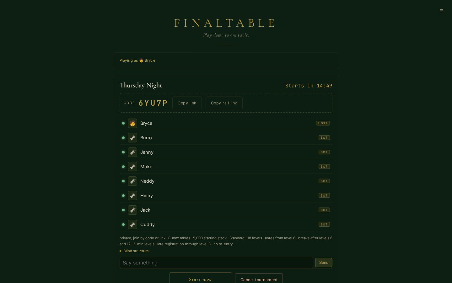 The FinalTable waiting room: the tournament name, a five-character join code with copy buttons, the list of registered players, and the structure summarised underneath