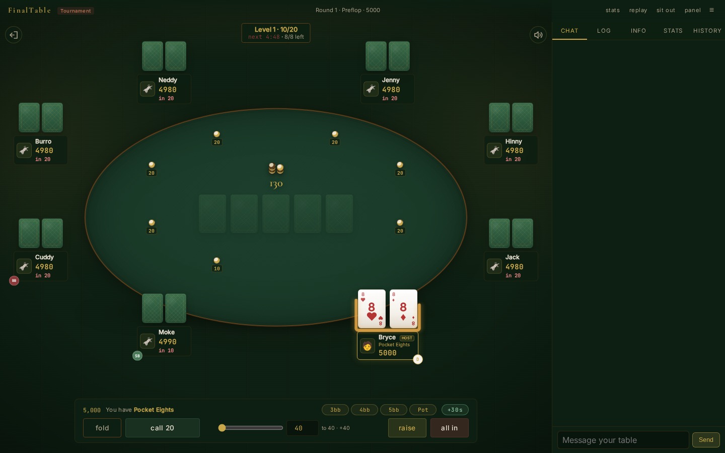 A FinalTable table in a browser: eight seats around a green oval, the blind level and countdown at the top, hole cards and the fold/call/raise bar at the bottom