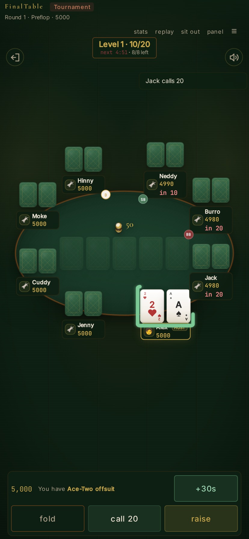 The same table on a phone, one screen, with the level, the seats and the action buttons
