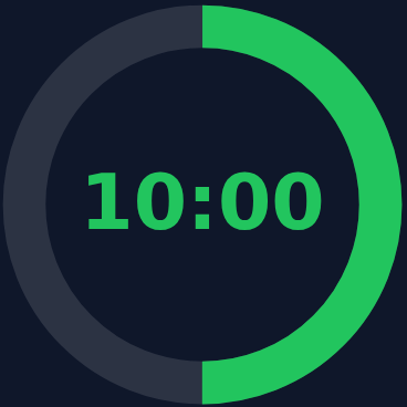 Radial ring countdown clock, half elapsed, showing 10:00 in the center