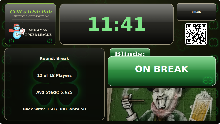 Snowman Poker League break screen on a TV
